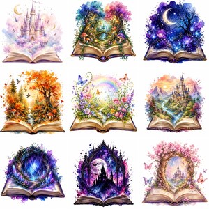 Puede incluir: Una colecci&oacute;n de ilustraciones en acuarela que representan libros abiertos con escenas de fantas&iacute;a. Cada libro presenta un paisaje diferente, incluyendo castillos, bosques y elementos m&aacute;gicos como arco&iacute;ris y mariposas. La paleta de colores es vibrante y caprichosa.
