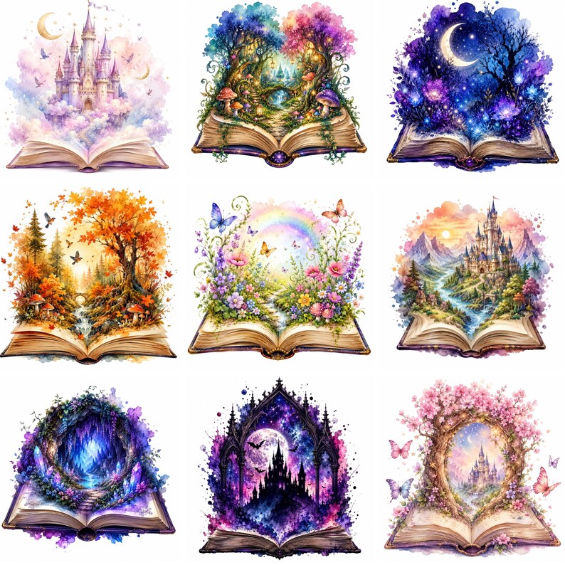 Puede incluir: Una colecci&oacute;n de ilustraciones en acuarela que representan libros abiertos con escenas de fantas&iacute;a. Cada libro presenta un paisaje diferente, incluyendo castillos, bosques y elementos m&aacute;gicos como arco&iacute;ris y mariposas. La paleta de colores es vibrante y caprichosa.
