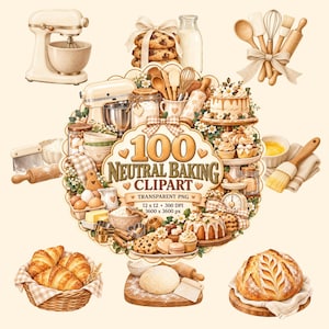 Op de afbeelding: Een verzameling digitale bakillustraties met een keukenmixer, deegrollers, gardes, maatbekers, een mand met croissants, brood en diverse gebakjes, met de tekst 100 NEUTRAL BAKING CLIPART.