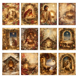 Puede incluir: Una colecci&oacute;n de doce l&aacute;minas rectangulares con diversas escenas de la natividad, incluyendo representaciones de la sagrada familia, pastores, corderos y establos, enmarcadas por follaje festivo, bayas rojas y linternas brillantes.