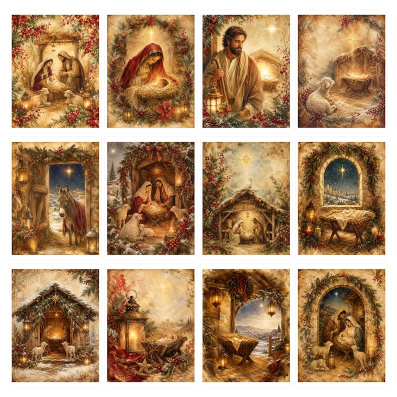 Puede incluir: Una colecci&oacute;n de doce l&aacute;minas rectangulares con diversas escenas de la natividad, incluyendo representaciones de la sagrada familia, pastores, corderos y establos, enmarcadas por follaje festivo, bayas rojas y linternas brillantes.