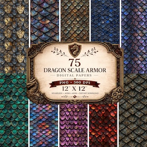May include: A collection of 75 digital papers featuring dragon scale armor designs. The papers are 12 x 12 inches and come in various colors, including blue, green, purple, and gold. The image includes the text "DRAGON SCALE ARMOR - DIGITAL PAPERS".
