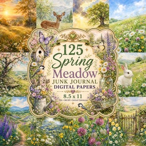 Puede incluir: Una colección de papel digital titulada 125 Spring Meadow Junk Journal que presenta un collage de paisajes en acuarela con ciervos, conejos, pájaros, mariposas, flores silvestres y elementos de jardín. La etiqueta central muestra el texto 125 Spring Meadow Junk Journal Digital Papers 8.5 x 11 PNG 300 DPI Instant Download.