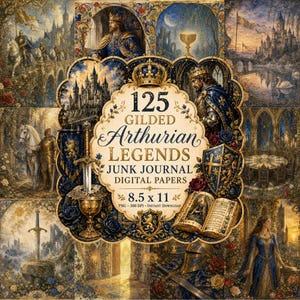 Puede incluir: Una colección de papel digital titulada 125 Gilded Arthurian Legends Junk Journal Digital Papers 8.5 x 11, con imágenes enmarcadas en oro de caballeros medievales, castillos, espadas, coronas y figuras reales en tonos azules y dorados.