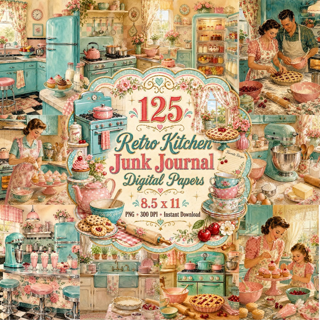 Retro Kitchen Junk Journal Papers, Pastel Baking Illustrations 8.5 X 11 ...