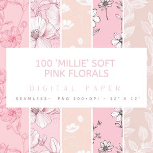 Puede incluir: Un conjunto de 100 papeles digitales con delicados patrones florales de color rosa suave. Los patrones son sin costuras y vienen en formato PNG a 300+ DPI. Cada papel mide 30,48 cm por 30,48 cm.