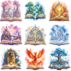 Puede incluir: Una colecci&oacute;n de ilustraciones en acuarela que representan escenas de fantas&iacute;a que emergen de libros abiertos. Cada imagen presenta un paisaje m&aacute;gico diferente, incluyendo un unicornio, un castillo y un f&eacute;nix, con colores vibrantes y detalles intrincados.