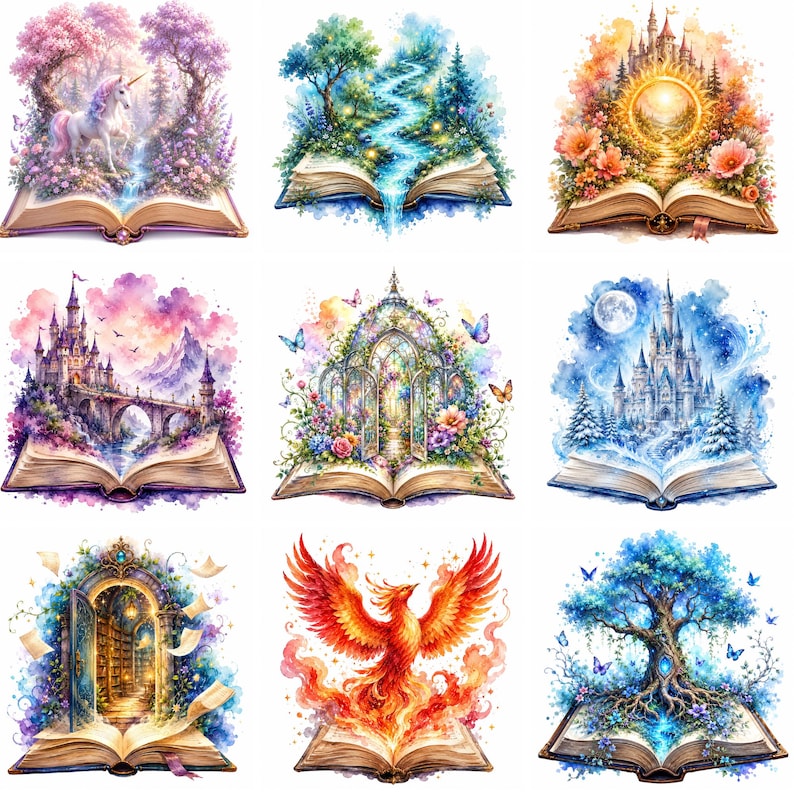 Puede incluir: Una colecci&oacute;n de ilustraciones en acuarela que representan escenas de fantas&iacute;a que emergen de libros abiertos. Cada imagen presenta un paisaje m&aacute;gico diferente, incluyendo un unicornio, un castillo y un f&eacute;nix, con colores vibrantes y detalles intrincados.