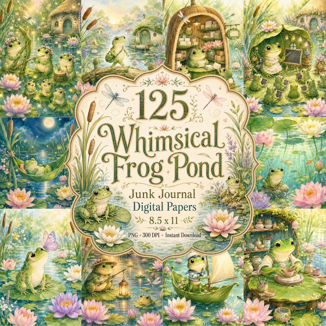 Whimsical Frog Pond Junk Journal Papers, Watercolor Art (digital ...