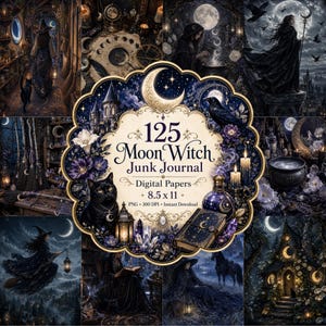 Può includere: Una collezione digitale intitolata 125 Moon Witch Junk Journal con fogli da 8,5 x 11 pollici. L'emblema centrale mostra una luna crescente, un gatto nero, una lanterna, un libro e fiori viola, circondato da varie scene fantasy oscure.