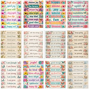 May include: A collection of rectangular sticker labels featuring floral patterns and inspirational phrases such as laugh often, choose joy, be brave, you are loved, and keep going. The designs include various colorful flowers, butterflies, and text.
