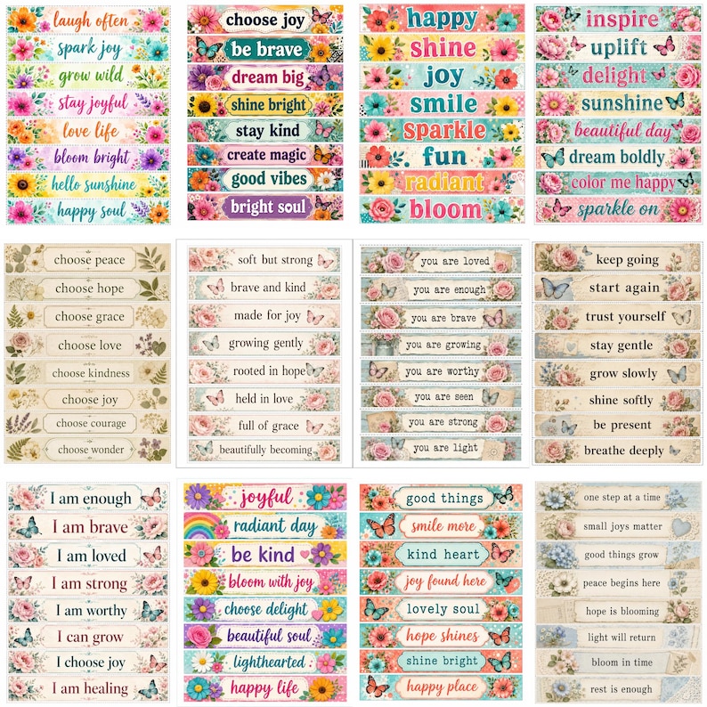 May include: A collection of rectangular sticker labels featuring floral patterns and inspirational phrases such as laugh often, choose joy, be brave, you are loved, and keep going. The designs include various colorful flowers, butterflies, and text.