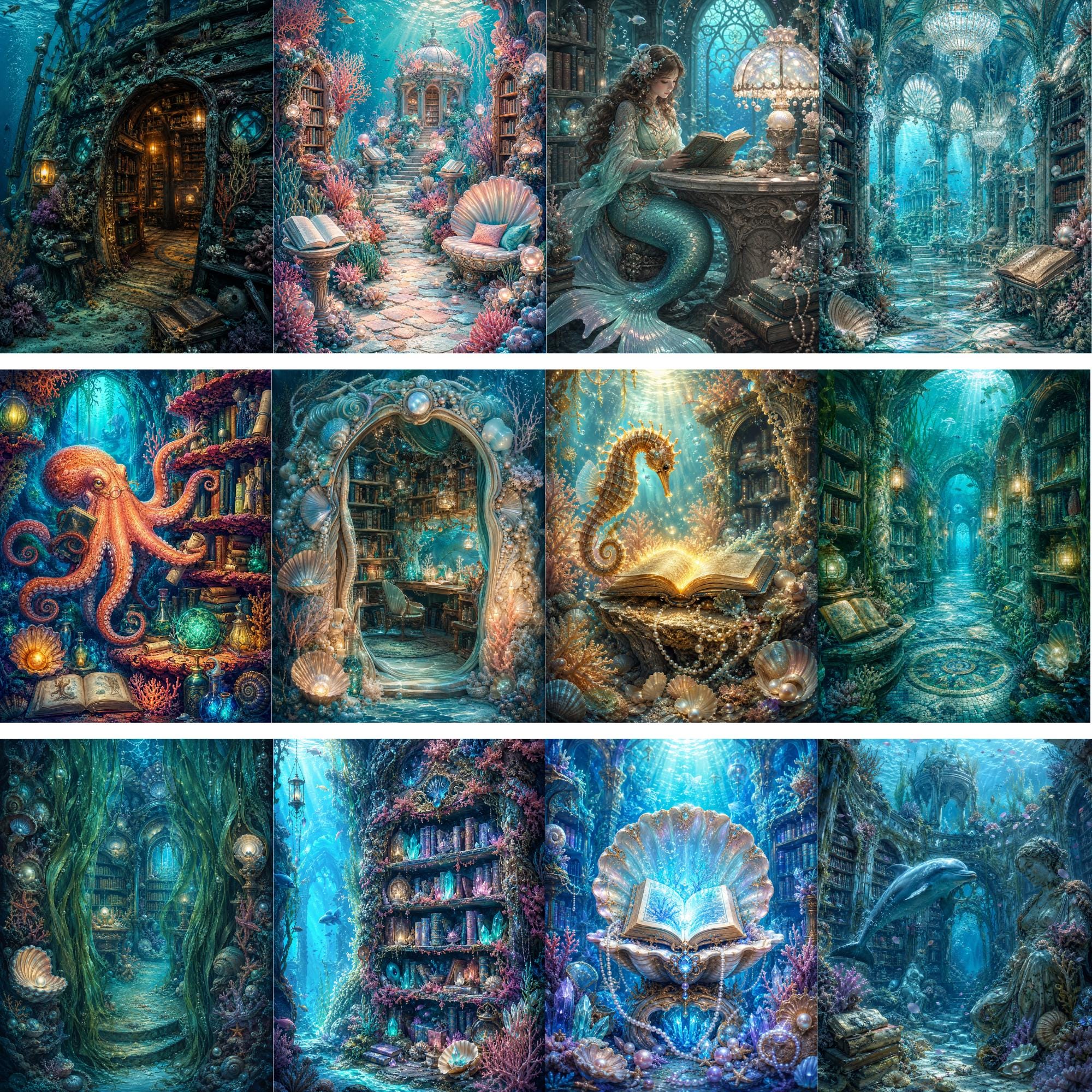 Mermaid Lib Enchanted Underwater Library Junk Journal Papers, Mermaid Fantasy Ocean ...