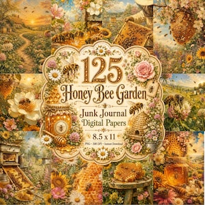 Honey Bee Garden Junk Journal-sidor, utskrivbart blommigt papper från Cottagecore (digital nedladdning)