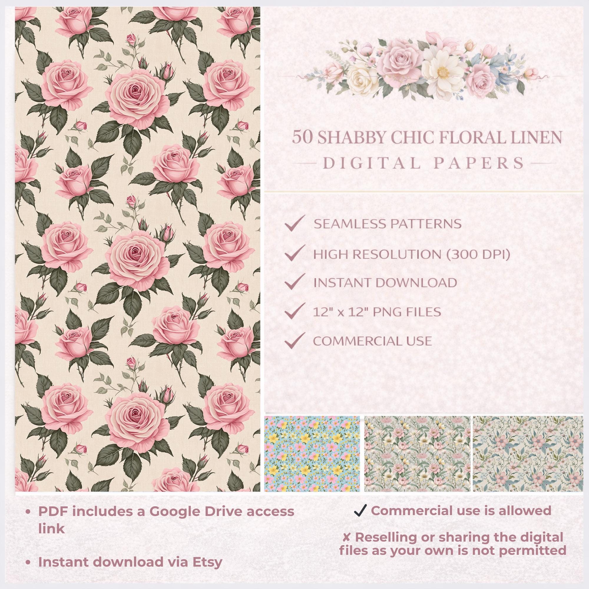 Shabby Chic Floral Linen Digital Papers | Vintage Pastel Patterns ...
