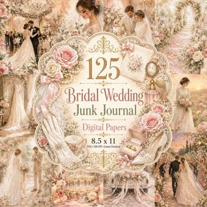 May include: A digital collection of 125 bridal wedding junk journal papers featuring soft pink roses, white lace, pearls, wedding gowns, and vintage accessories. The central text reads 125 Bridal Wedding Junk Journal Digital Papers 8.5 x 11.