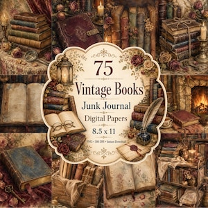 Può includere: Una collezione digitale di 75 libri vintage per junk journal, con fogli da 8,5 x 11 pollici. Il design include pile di libri antichi, pagine aperte, piume, calamai, lanterne e accenti floreali in una calda tavolozza di colori invecchiati.