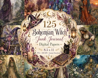 Papeles digitales para diario de bruja bohemia, arte místico de brujería bohemia (descarga digital)