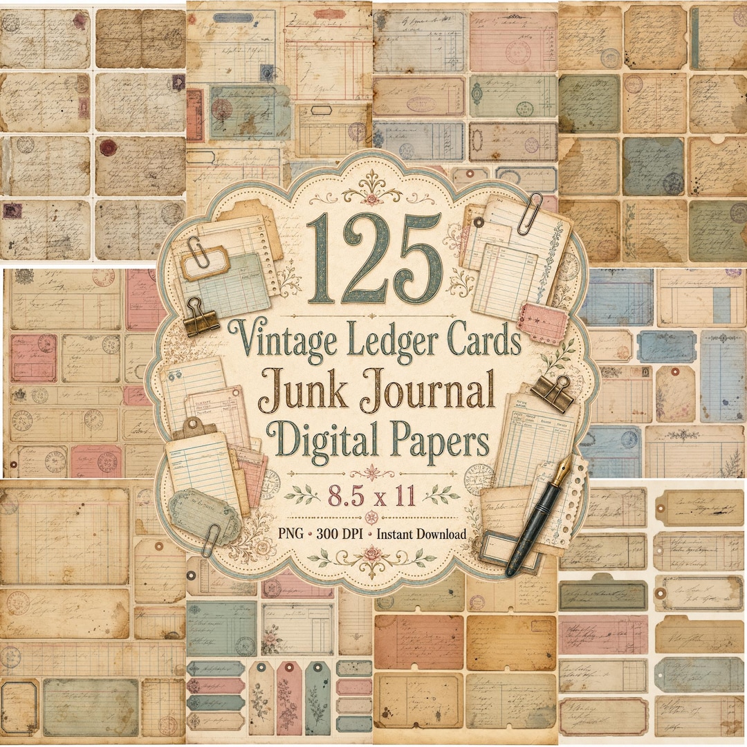 Vintage Ledger Cards Junk Journal Kit, Library Card Ephemera Printable ...
