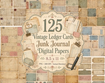 Könnte beinhalten: Eine Sammlung von 125 Vintage-Registerkarten und digitalen Junk-Journal-Papieren mit gealterten, fleckigen Texturen, handschriftlichen Notizen und Rastermustern. Das zentrale Etikett zeigt den Text 125 Vintage Ledger Cards Junk Journal Digital Papers 8.5 x 11.