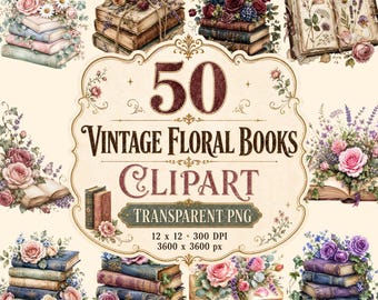 Puede incluir: Conjunto de imágenes prediseñadas digitales con 50 libros florales vintage. La imagen incluye pilas de libros antiguos adornados con flores de acuarela, rosas y lavanda. El texto dice "50 Vintage Floral Books Clipart Transparent PNG".