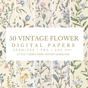 Puede incluir: Colección de 50 papeles digitales florales vintage. Los papeles presentan patrones sin costuras de diversas flores en tonos azules, rosas y amarillos sobre un fondo crema. Cada papel mide 30,48 cm x 30,48 cm, descarga instantánea.