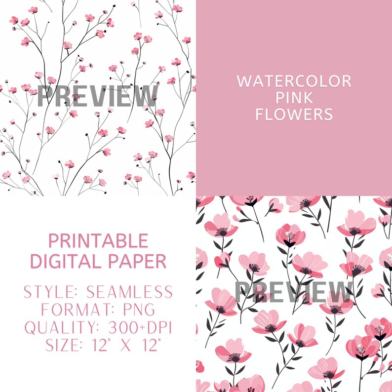 50 Watercolor Pink Flowers Digital Paper - Seamless Printable, Digital ...