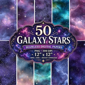May include: A digital art image featuring 50 galaxy star seamless digital papers. The image includes a variety of colorful space backgrounds in shades of purple, blue, and teal. The image is 12" x 12" and is available for instant download.