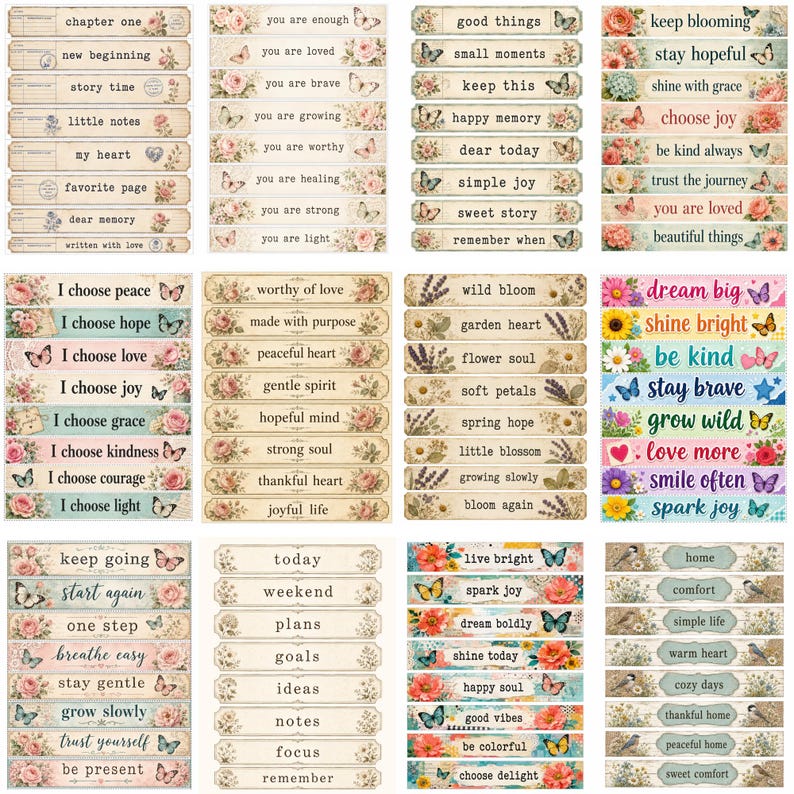 May include: A collection of rectangular paper stickers featuring various inspirational phrases, floral illustrations, and butterfly motifs. The stickers are arranged in a grid pattern with diverse color palettes, including vintage beige, soft pastels, and vibrant floral designs.