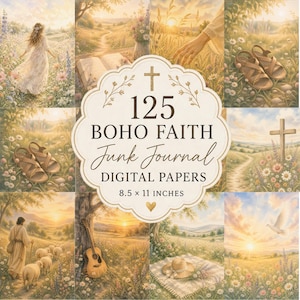 May include: A collection of 125 Boho Faith digital papers. The image features a collage of pastoral scenes with a cross, sandals, a guitar, and a woman in a field. The text on the image reads "8.5 x 11 inches."