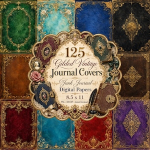 Puede incluir: Una colección de 125 portadas de diario digitales con marcos de filigrana dorada sobre fondos texturizados en verde, azul, negro, marrón, rojo y morado. La etiqueta central dice 125 Gilded Vintage Journal Covers Junk Journal Digital Papers 8.5 x 11.