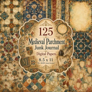 Pode incluir: Uma coleção de 125 papéis digitais com designs de pergaminho medieval, padrões intrincados, escudos heráldicos e motivos florais em azul, vermelho e dourado. O texto central diz 125 Medieval Parchment Junk Journal Digital Papers 8.5 x 11.