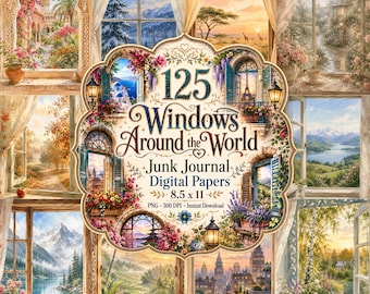 Könnte beinhalten: Eine digitale Papiersammlung mit dem Titel 125 Windows Around the World Junk Journal Digital Papers 8.5 x 11, die eine Collage verschiedener Fensteransichten mit Landschaften, Stadtansichten und Blumenarrangements zeigt.
