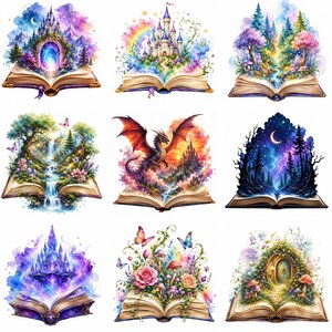 Puede incluir: Una colecci&oacute;n de ilustraciones en acuarela que representan escenas de fantas&iacute;a que emergen de libros abiertos. Cada imagen presenta un paisaje m&aacute;gico diferente, incluyendo castillos, bosques, dragones y cascadas, con colores vibrantes y detalles caprichosos.
