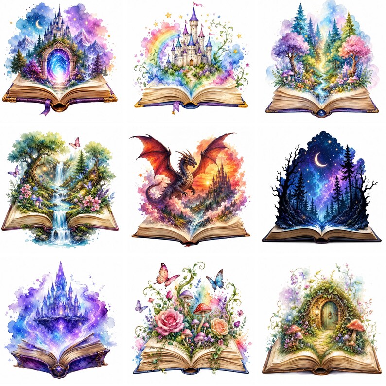 Puede incluir: Una colecci&oacute;n de ilustraciones en acuarela que representan escenas de fantas&iacute;a que emergen de libros abiertos. Cada imagen presenta un paisaje m&aacute;gico diferente, incluyendo castillos, bosques, dragones y cascadas, con colores vibrantes y detalles caprichosos.