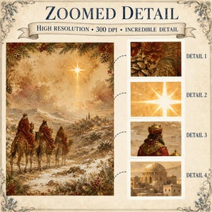 Puede incluir: Una impresi&oacute;n digital que muestra a los Reyes Magos en camellos viajando a trav&eacute;s de un paisaje nevado hacia una estrella brillante sobre una ciudad lejana. La imagen incluye cuatro secciones ampliadas etiquetadas como Detalle 1 a 4, que muestran pi&ntilde;as, la estrella, un rey y la arquitectura de la ciudad.