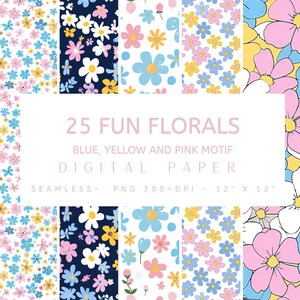 25 lustige Blumenmotive - Blau, Pink und Gelb Motiv Digital Paper - Seamless Design, digitales Papier, Instant Download, Junk Journal, Scrapbooking