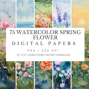 Puede incluir: Una colección de 75 papeles digitales de flores de primavera en acuarela. La imagen presenta varias pinturas florales y paisajísticas en tonos de rosa, naranja, morado y verde. El texto de la imagen dice "75 Watercolor Spring Flower Digital Papers". Los papeles miden 30,48 cm x 30,48 cm.