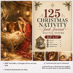 Puede incluir: Una colecci&oacute;n digital de 125 papeles para diario de estilo junk journal sobre la Natividad navide&ntilde;a, que miden 21,59 cm por 27,94 cm. El conjunto incluye ilustraciones de la escena del nacimiento con pesebre, animales y figuras.