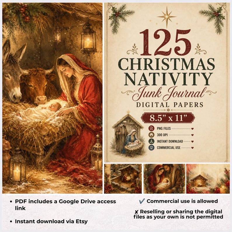 Puede incluir: Una colecci&oacute;n digital de 125 papeles para diario de estilo junk journal sobre la Natividad navide&ntilde;a, que miden 21,59 cm por 27,94 cm. El conjunto incluye ilustraciones de la escena del nacimiento con pesebre, animales y figuras.