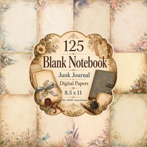 Może przedstawiać: Kolekcja 125 cyfrowych papierów do junk journala o wymiarach 21,59 x 27,94 cm. Centralna grafika przedstawia stos postarzanych papierów z niebieską wstążką, ciemną oprawioną książkę, kałamarz i pióro wieczne, otoczone motywami kwiatowymi.