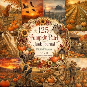 Junk-Journal-Papiere für Kürbisbeet, Digitale Scrapbook-Seiten zum Thema rustikaler Herbstbauernhof (Digitaler Download)