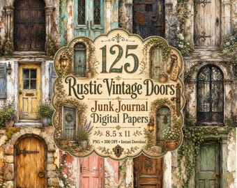 Könnte beinhalten: Eine digitale Sammlung von 125 rustikalen Vintage-Türen für Junk Journals, die verschiedene verwitterte Holz- und Metalltürdesigns in einer Collage zeigt. Der zentrale Text lautet 125 Rustic Vintage Doors Junk Journal Digital Papers 8.5 x 11.