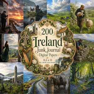 May include: A digital collection of 200 Ireland junk journal papers in 8.5 x 11 inch format, featuring a central decorative label with the text 200 Ireland Junk Journal Digital Papers, surrounded by images of Irish landscapes, sheep, and ruins.