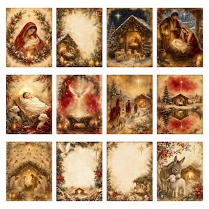 Puede incluir: Una colecci&oacute;n de doce l&aacute;minas rectangulares con diversas escenas de la natividad navide&ntilde;a, incluyendo representaciones de la sagrada familia, pastores, &aacute;ngeles, corderos y un burro, todo en un estilo pict&oacute;rico c&aacute;lido con follaje festivo.