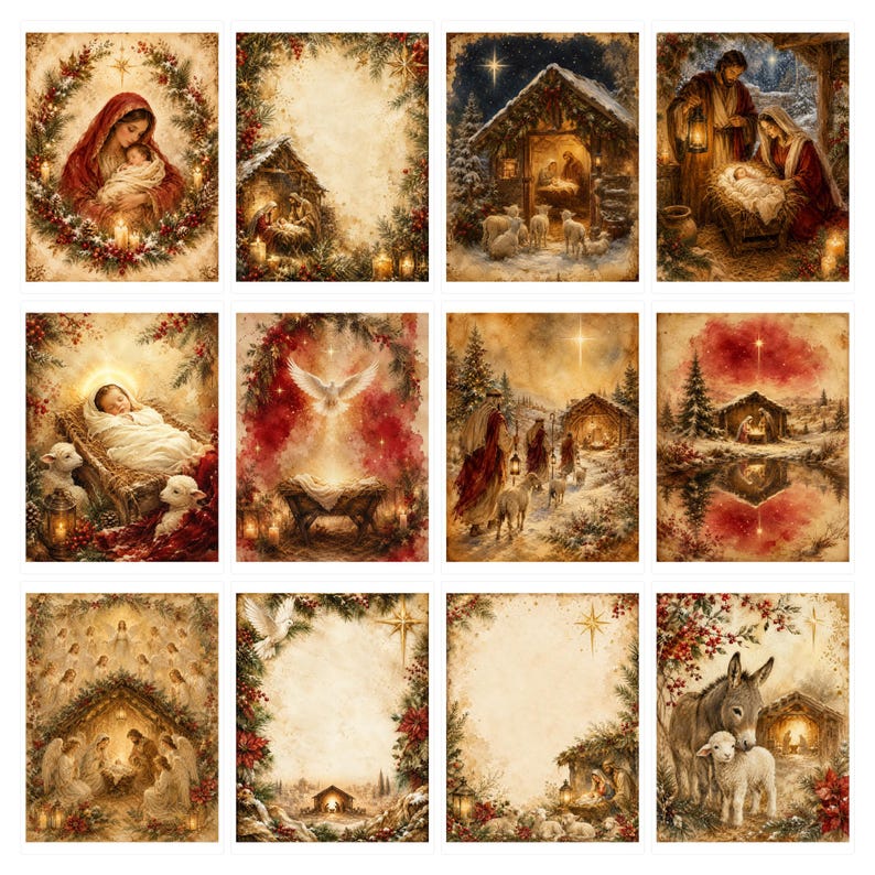 Puede incluir: Una colecci&oacute;n de doce l&aacute;minas rectangulares con diversas escenas de la natividad navide&ntilde;a, incluyendo representaciones de la sagrada familia, pastores, &aacute;ngeles, corderos y un burro, todo en un estilo pict&oacute;rico c&aacute;lido con follaje festivo.