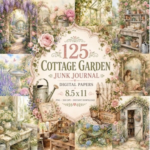 Puede incluir: Un collage digital con 125 papeles digitales de diario basura de Cottage Garden. La imagen muestra escenas de jardín con flores, una regadera y el texto "8.5 x 11". La estética es vintage y romántica, con colores suaves y elementos florales.