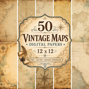 Digitales Papierpaket mit Vintage-Karten, Hintergründe für antike Kartografie (Digitaler Download)