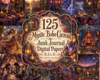 Mystic Boho Caravan Junk Journal Pages, Enchanted Traveler Digital Papers (8.5 x 11)