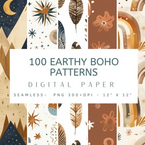 Op de afbeelding: Een digitaal papierpakket met 100 aardse boho-patronen. De patronen zijn naadloos en verkrijgbaar in PNG-formaat met 300+ DPI. Elk patroon is 30,48 cm bij 30,48 cm.